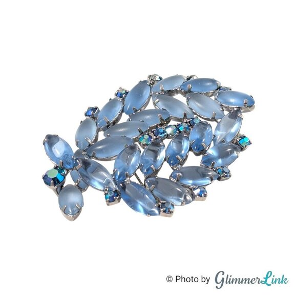 VTG Blue Navette & Aurora Borealis Rhinestones Silver Tone Mid Century Brooch - Picture 3 of 11